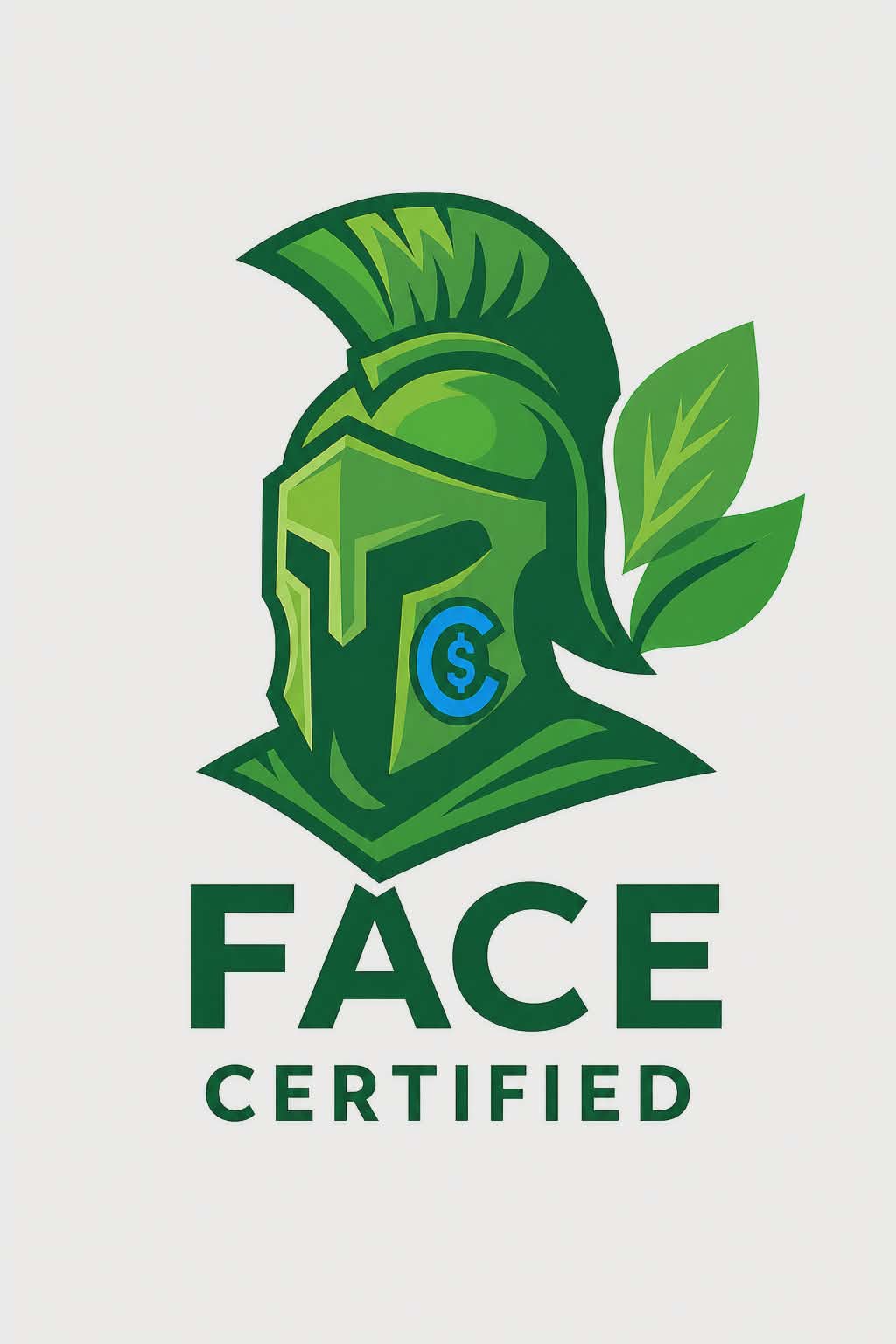 FACE Certified brand logo: green Spartan helmet with leaves and blue currency symbol